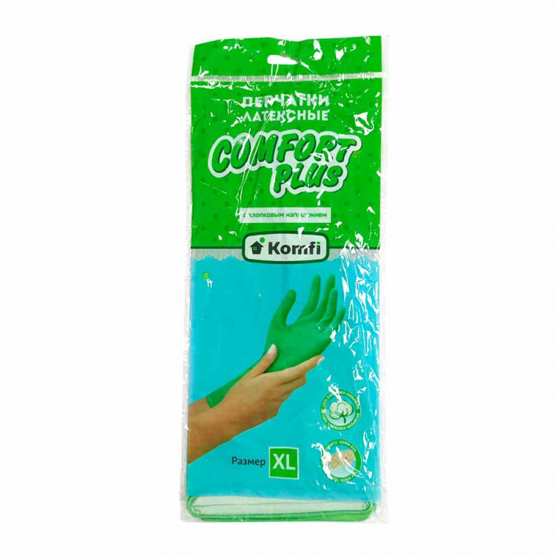 Перчатки хозяйственные латексные Комфи зеленые 1 пара S, XL  