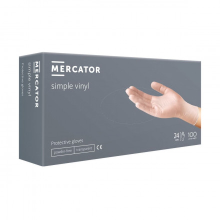 Перчатки виниловые Mercator прозрачные 50 пар  S, M, L, XL 